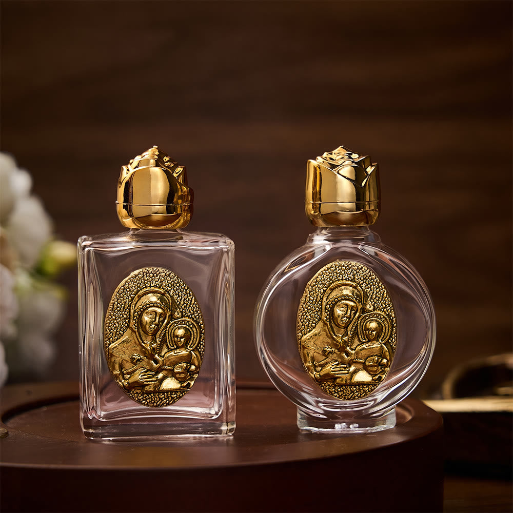 SolaceBeads Holy Water Bottle, Madonna &amp; Child Emblem, Square &amp; Round Glass: Blessed Prayer Vessel - image 0