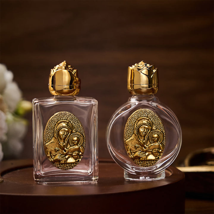 SolaceBeads Holy Water Bottle, Madonna &amp; Child Emblem, Square &amp; Round Glass: Blessed Prayer Vessel - image 0