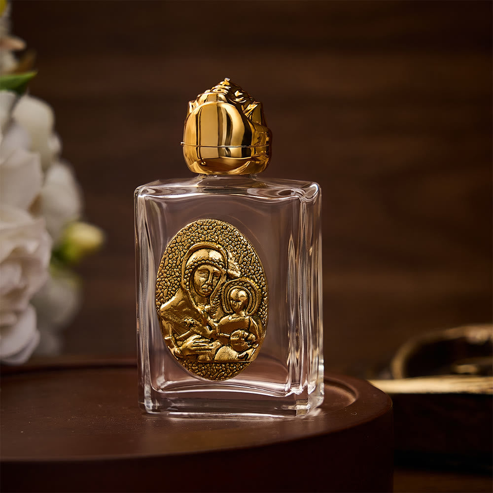 SolaceBeads Holy Water Bottle, Madonna &amp; Child Emblem, Square &amp; Round Glass: Blessed Prayer Vessel - image 3