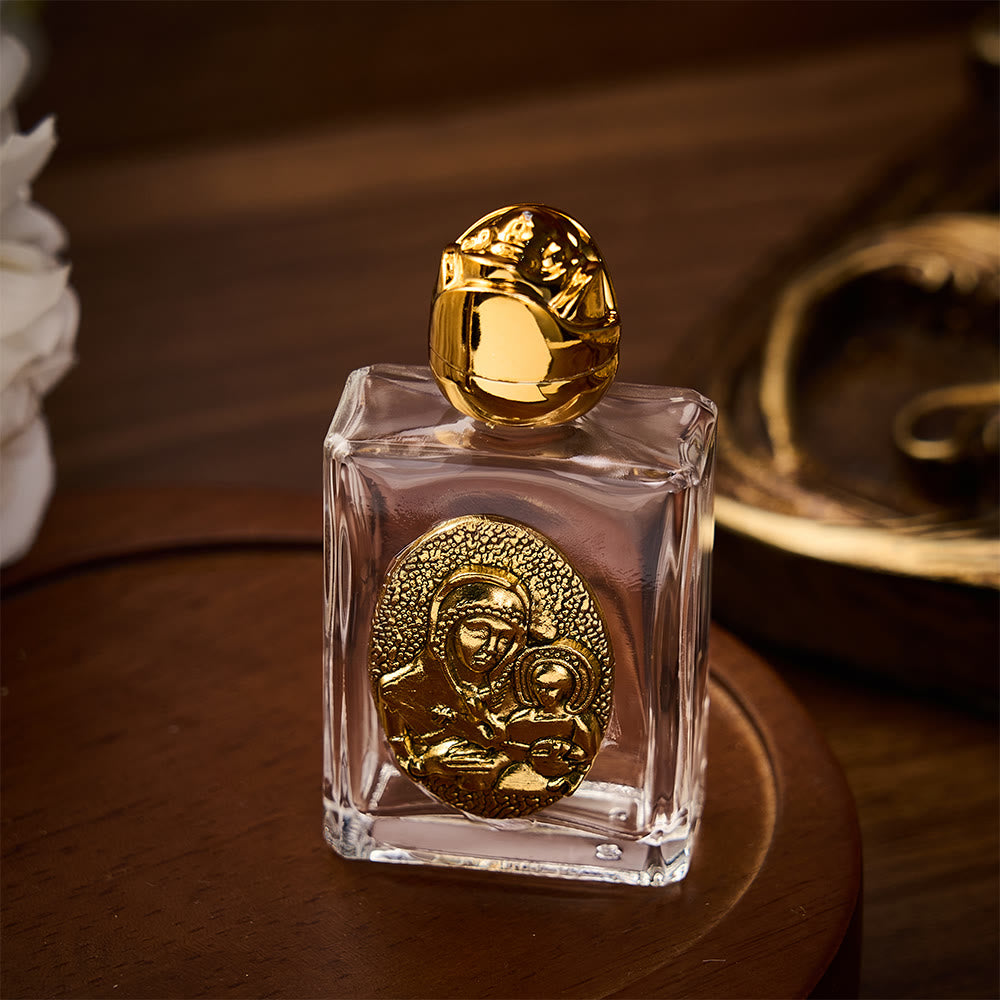 SolaceBeads Holy Water Bottle, Madonna &amp; Child Emblem, Square &amp; Round Glass: Blessed Prayer Vessel - image 4