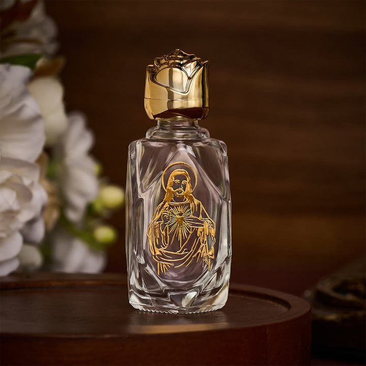 SolaceBeads Holy Water Bottle, Sacred Heart Image, Faceted Glass: Blessed Prayer Container - Polygon Gold - image 0