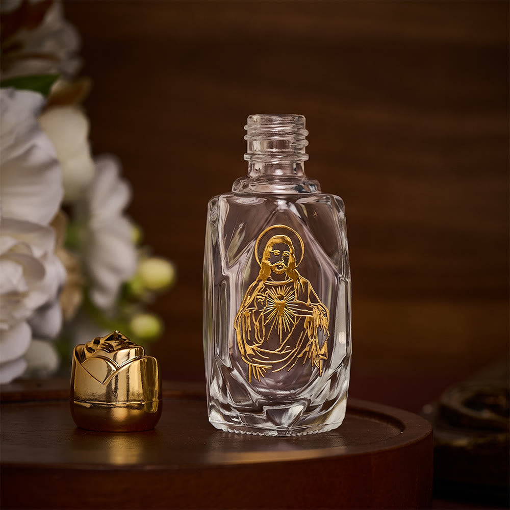SolaceBeads Holy Water Bottle, Sacred Heart Image, Faceted Glass: Blessed Prayer Container - image 1