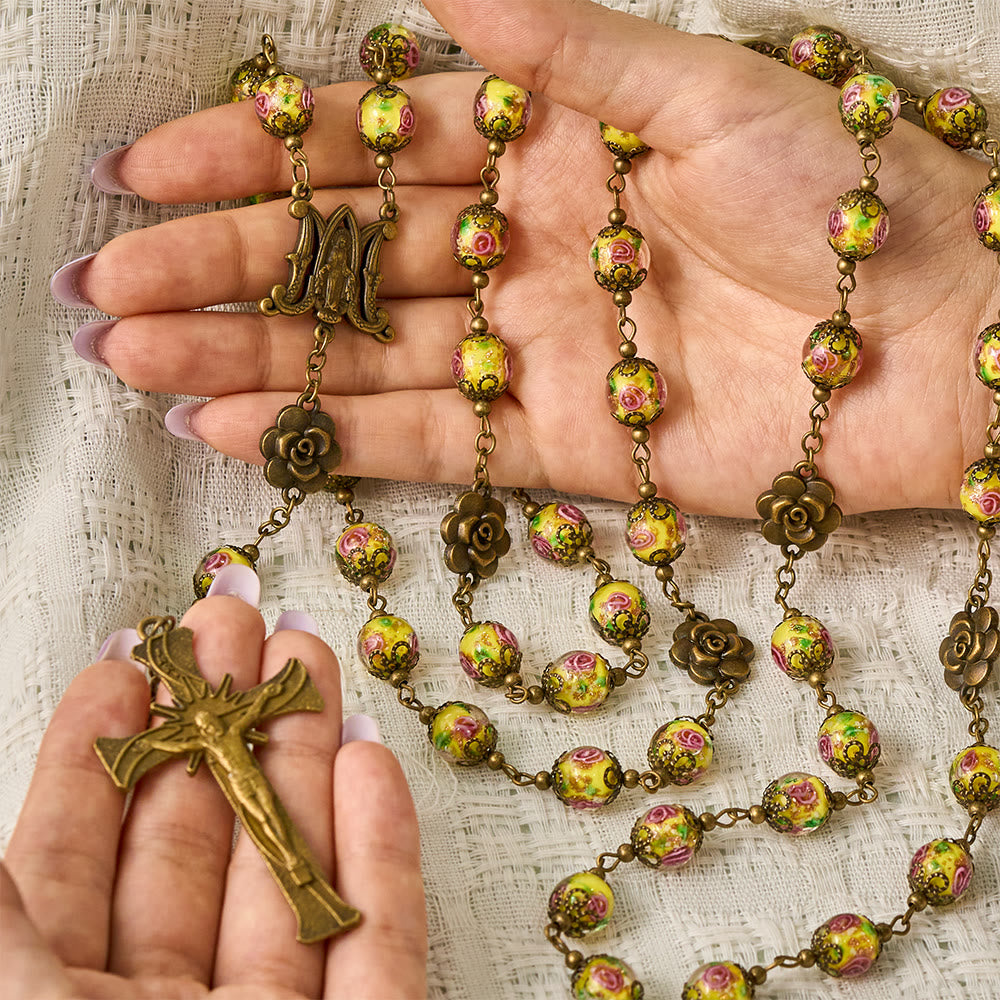 Solacebeads Vintage Yellow Lampwork Rosary With Miraculous Medal &amp; Crucifix: The Radiant Grace - image 1