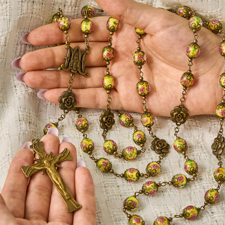 Solacebeads Vintage Yellow Lampwork Rosary With Miraculous Medal &amp; Crucifix: The Radiant Grace - image 1