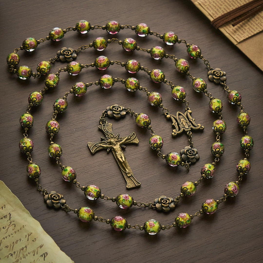 Solacebeads Vintage Yellow Lampwork Rosary With Miraculous Medal &amp; Crucifix: The Radiant Grace - Yellow - image 0