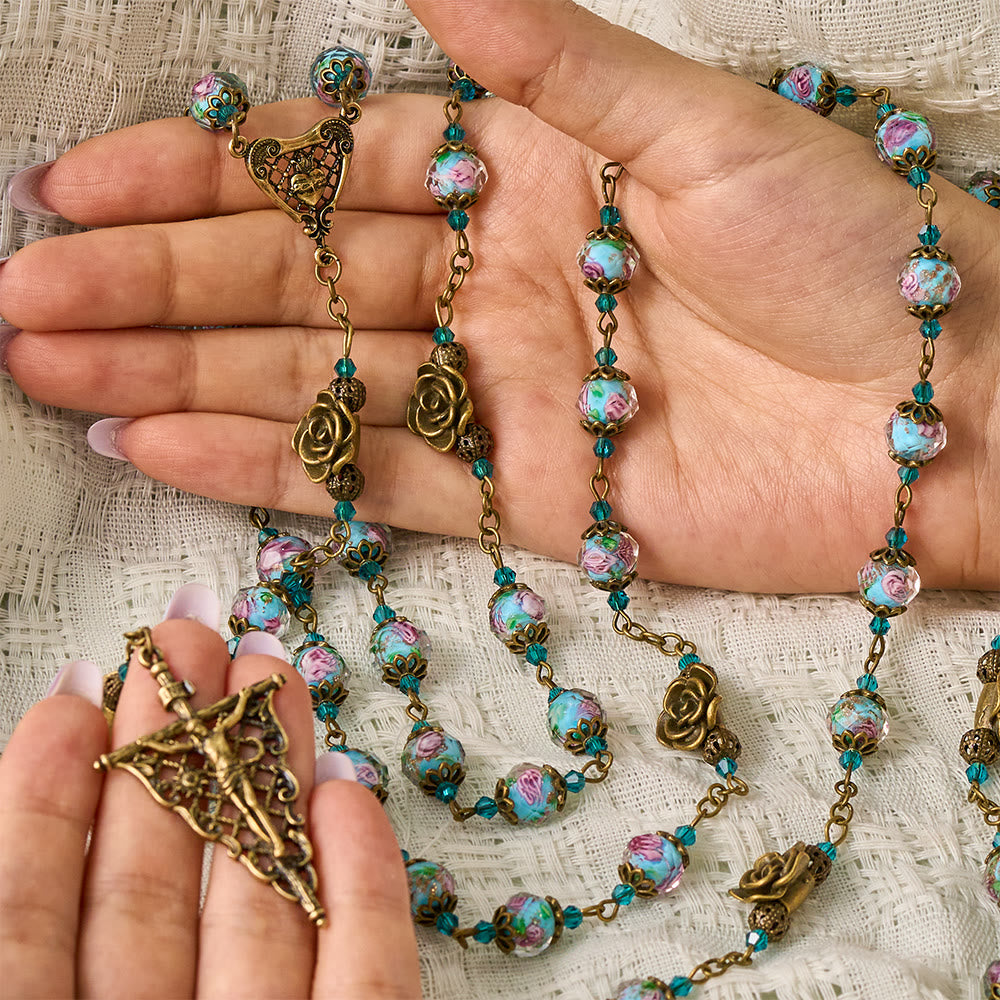 Solacebeads Vintage Sky Blue Lampwork Rosary With Sacred Heart &amp; Crucifix: The Compassionate Grace - image 1