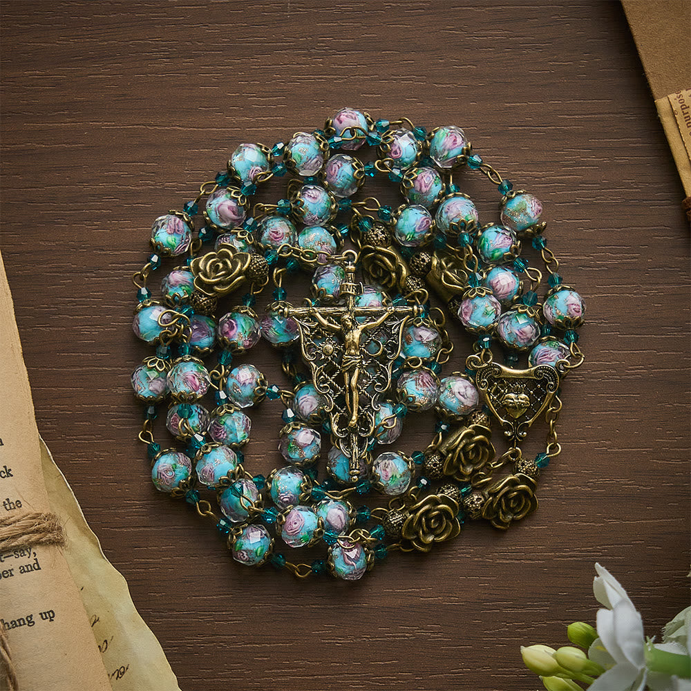 Solacebeads Vintage Sky Blue Lampwork Rosary With Sacred Heart &amp; Crucifix: The Compassionate Grace - image 8
