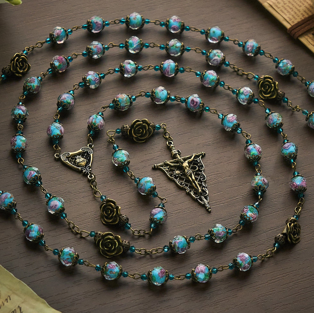 Solacebeads Vintage Sky Blue Lampwork Rosary With Sacred Heart &amp; Crucifix: The Compassionate Grace - Blue - image 0