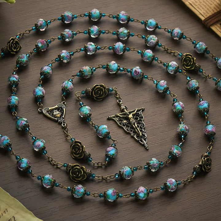 Solacebeads Vintage Sky Blue Lampwork Rosary With Sacred Heart &amp; Crucifix: The Compassionate Grace - Blue - image 0
