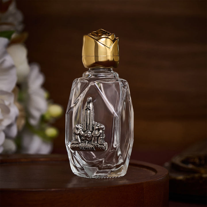 SolaceBeads Holy Water Bottle, Fatima Medal, Faceted Glass with Dual Tone Caps: Blessed Prayer Vessel - image 2