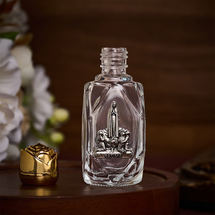 SolaceBeads Holy Water Bottle, Fatima Medal, Faceted Glass with Dual Tone Caps: Blessed Prayer Vessel - image 1