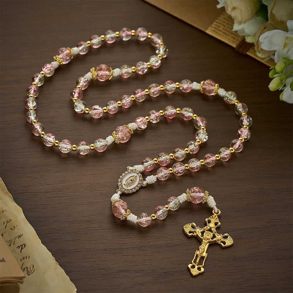 SolaceBeads Pink Crackle Glass Rosary with Ornate Crucifix: Designed for gentle Guadalupe devotions - image 9