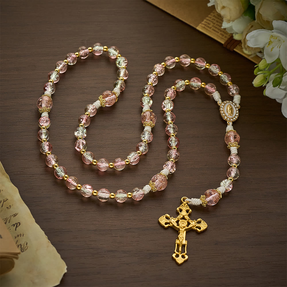 SolaceBeads Pink Crackle Glass Rosary with Ornate Crucifix: Designed for gentle Guadalupe devotions - image 7