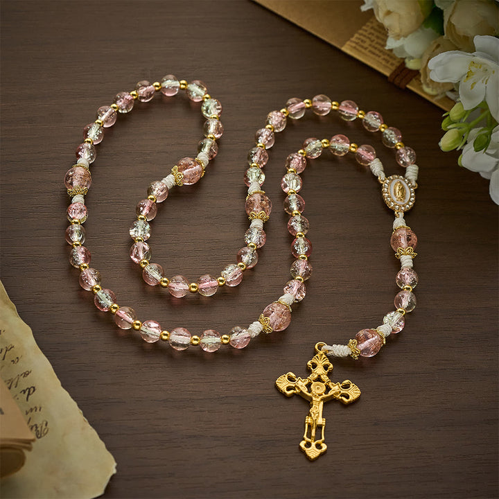 SolaceBeads Pink Crackle Glass Rosary with Ornate Crucifix: Designed for gentle Guadalupe devotions - image 7
