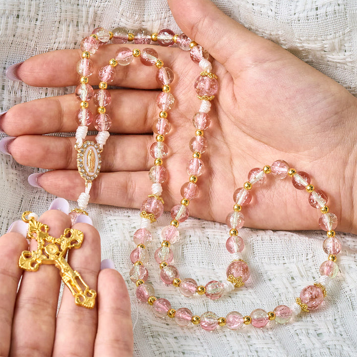 SolaceBeads Pink Crackle Glass Rosary with Ornate Crucifix: Designed for gentle Guadalupe devotions - image 1