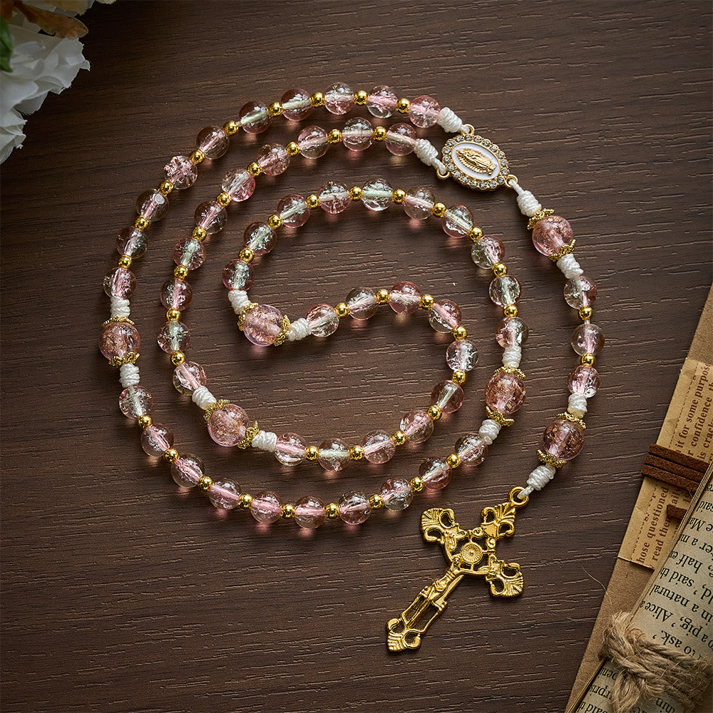 SolaceBeads Pink Crackle Glass Rosary with Ornate Crucifix: Designed for gentle Guadalupe devotions - Pink - image 0