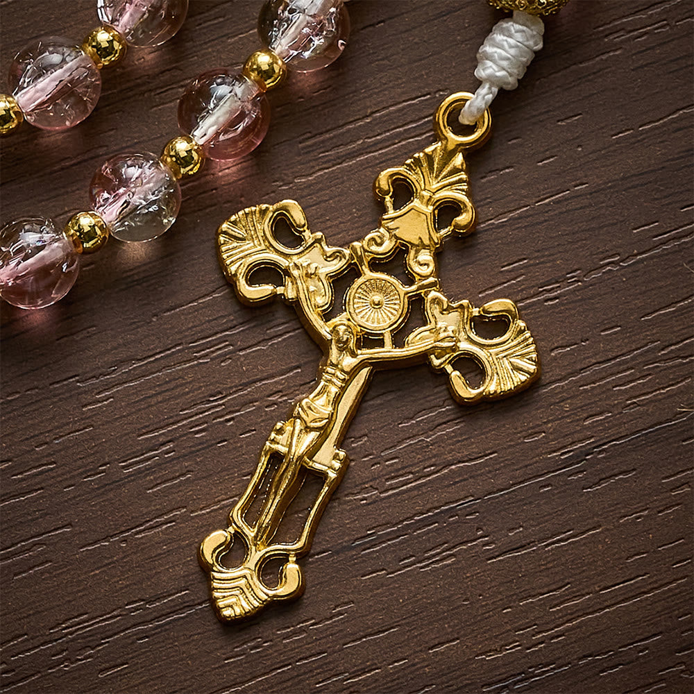 SolaceBeads Pink Crackle Glass Rosary with Ornate Crucifix: Designed for gentle Guadalupe devotions - image 5