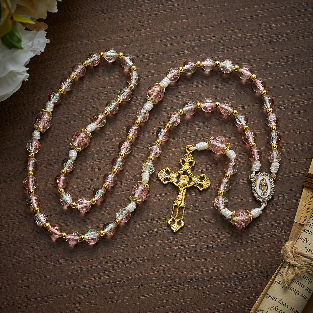 SolaceBeads Pink Crackle Glass Rosary with Ornate Crucifix: Designed for gentle Guadalupe devotions - image 8