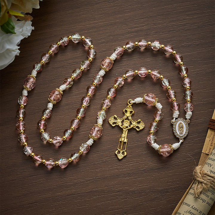 SolaceBeads Pink Crackle Glass Rosary with Ornate Crucifix: Designed for gentle Guadalupe devotions - image 8