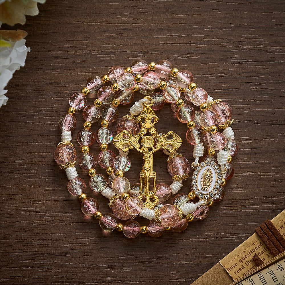 SolaceBeads Pink Crackle Glass Rosary with Ornate Crucifix: Designed for gentle Guadalupe devotions - image 6