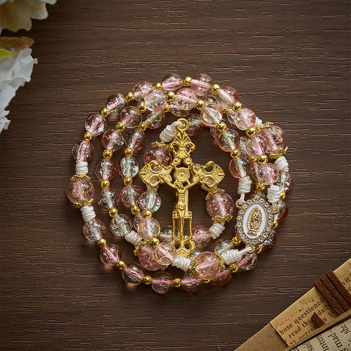 SolaceBeads Pink Crackle Glass Rosary with Ornate Crucifix: Designed for gentle Guadalupe devotions - image 6