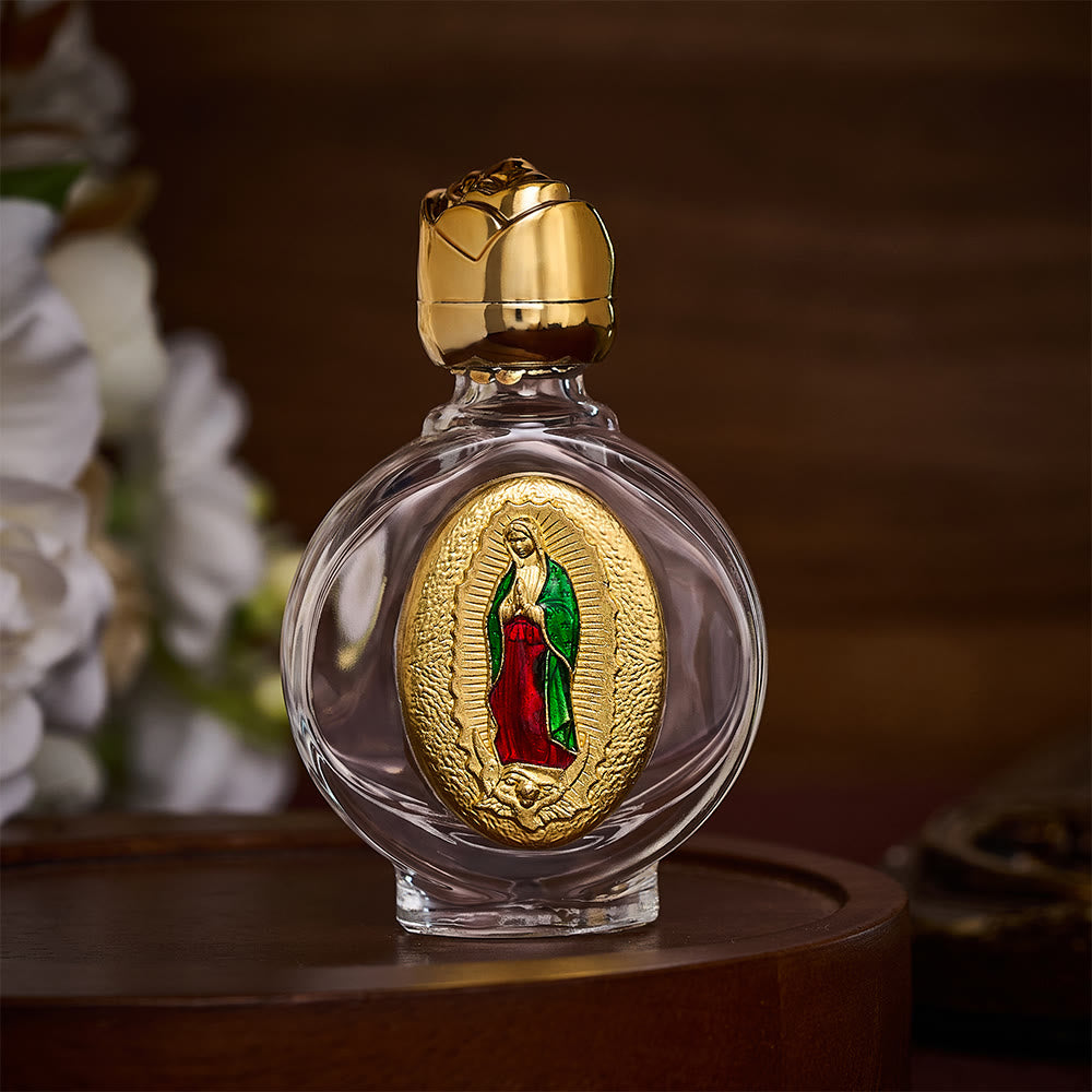 SolaceBeads Holy Water Bottle, Guadalupe Medal, Multi Shapes &amp; Dual Tone: Sacred Prayer Vessel - Round Colored Gold - image 5