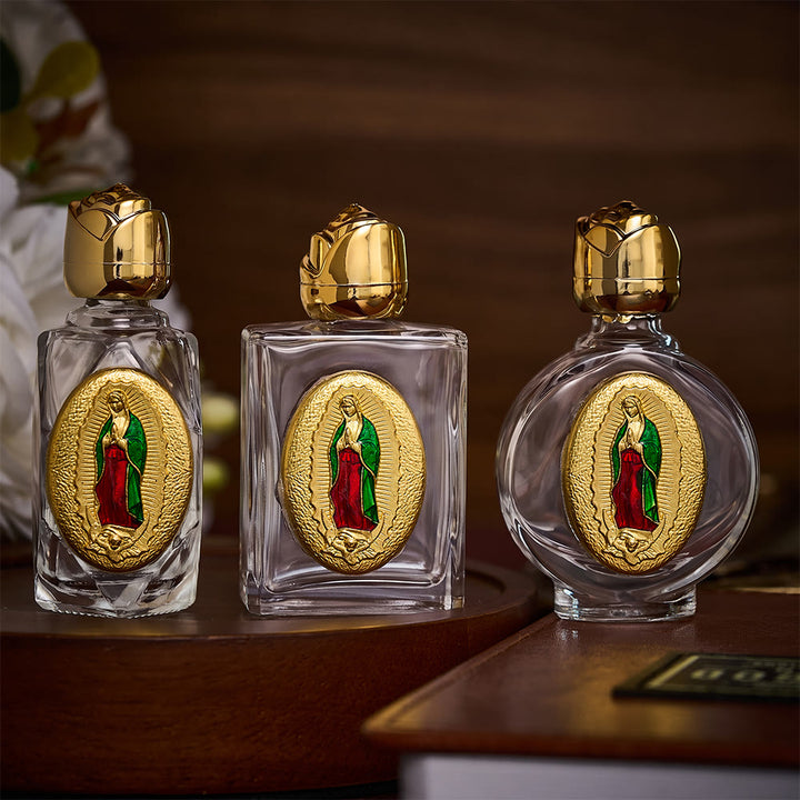 SolaceBeads Holy Water Bottle, Guadalupe Medal, Multi Shapes &amp; Dual Tone: Sacred Prayer Vessel - Gold three-piece set - image 0