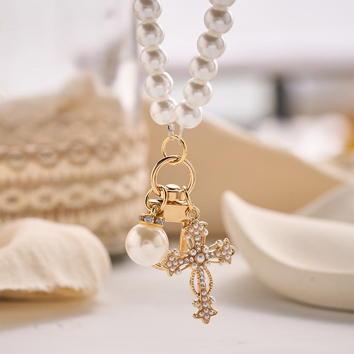 Solacebeads Lustrous White Beads &amp; Pearl Cross Wrist Keychain: Blessed By The Gentle Pure Grace - image 1