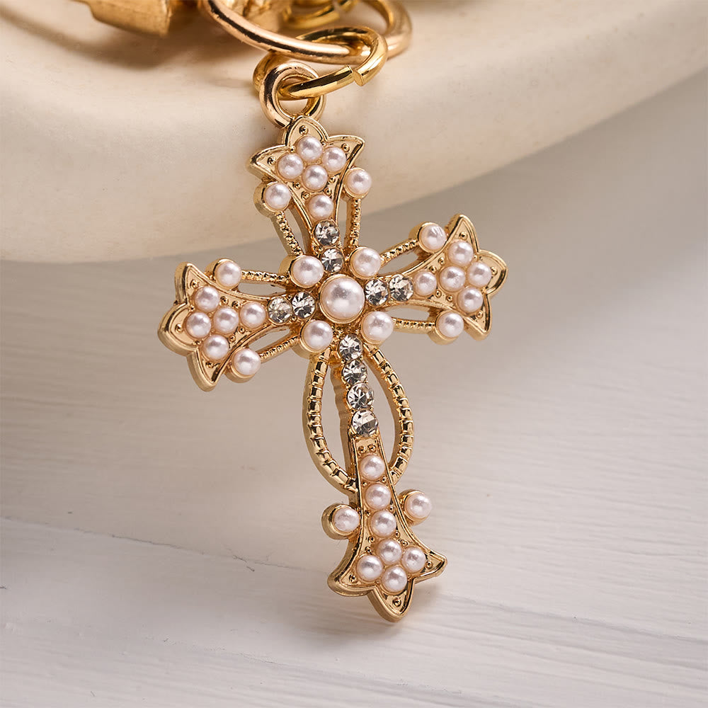 Solacebeads Lustrous White Beads &amp; Pearl Cross Wrist Keychain: Blessed By The Gentle Pure Grace - image 3