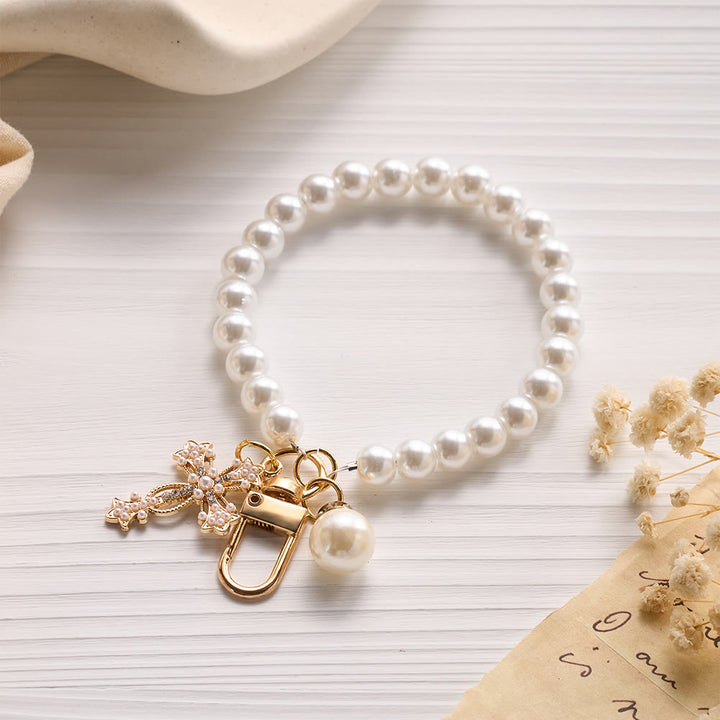 Solacebeads Lustrous White Beads &amp; Pearl Cross Wrist Keychain: Blessed By The Gentle Pure Grace - White - image 0