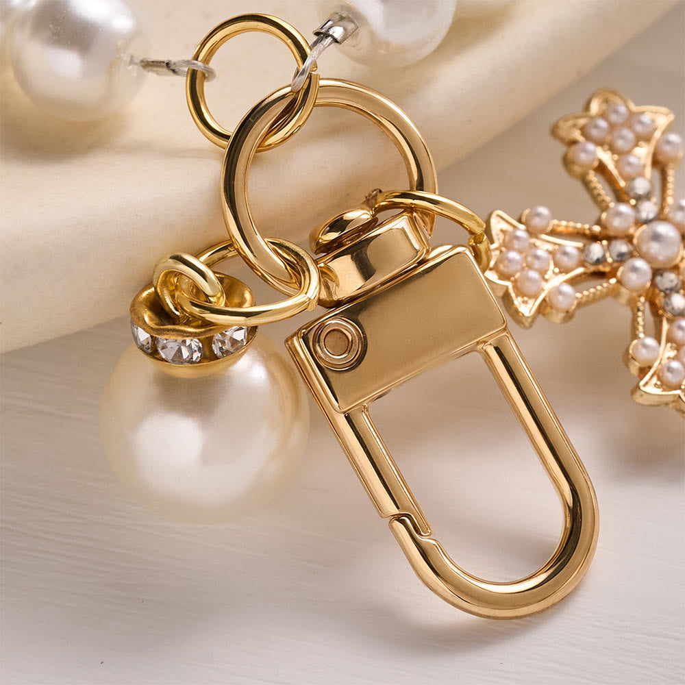 Solacebeads Lustrous White Beads &amp; Pearl Cross Wrist Keychain: Blessed By The Gentle Pure Grace - image 4