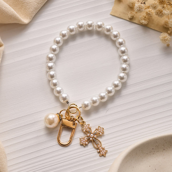 Solacebeads Lustrous White Beads &amp; Pearl Cross Wrist Keychain: Blessed By The Gentle Pure Grace - image 5