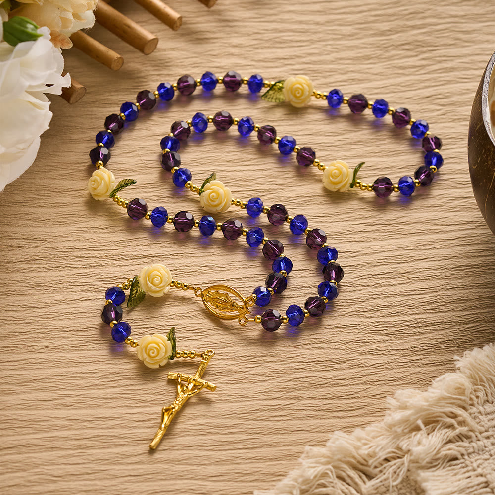 SolaceBeads Crystal Rosary, Blue Purple Beads, Cream Rose, Miraculous Medal: Sparkling Radiant Prayer  - image 2