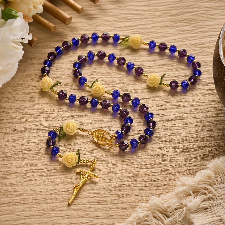 SolaceBeads Crystal Rosary, Blue Purple Beads, Cream Rose, Miraculous Medal: Sparkling Radiant Prayer  - image 2