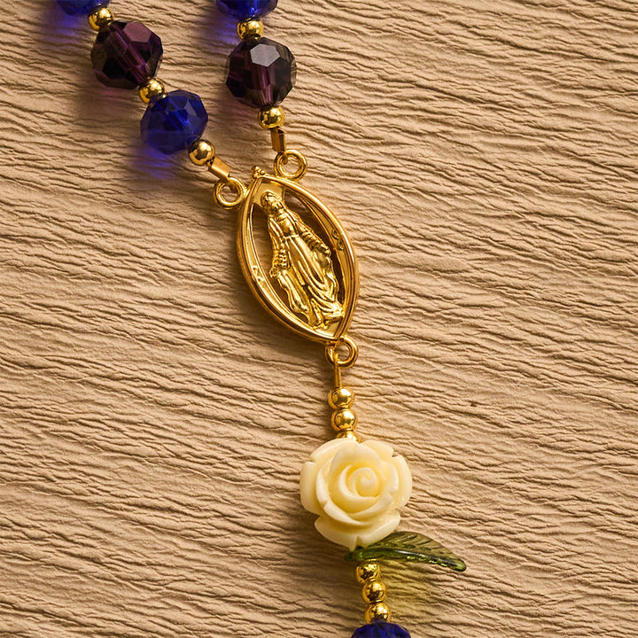 SolaceBeads Crystal Rosary, Blue Purple Beads, Cream Rose, Miraculous Medal: Sparkling Radiant Prayer  - image 5