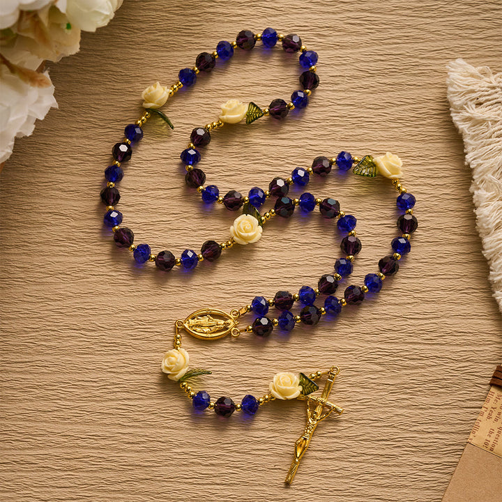 SolaceBeads Crystal Rosary, Blue Purple Beads, Cream Rose, Miraculous Medal: Sparkling Radiant Prayer  - image 3