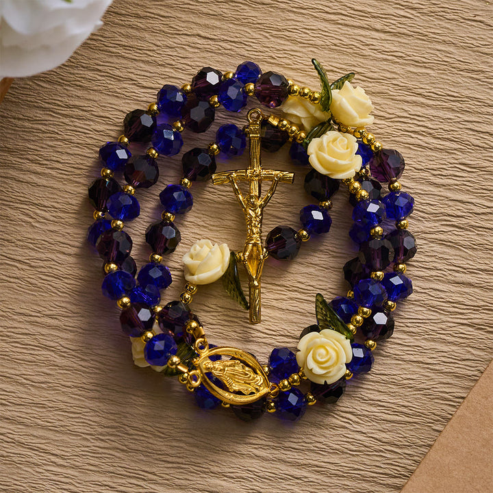 SolaceBeads Crystal Rosary, Blue Purple Beads, Cream Rose, Miraculous Medal: Sparkling Radiant Prayer  - image 7