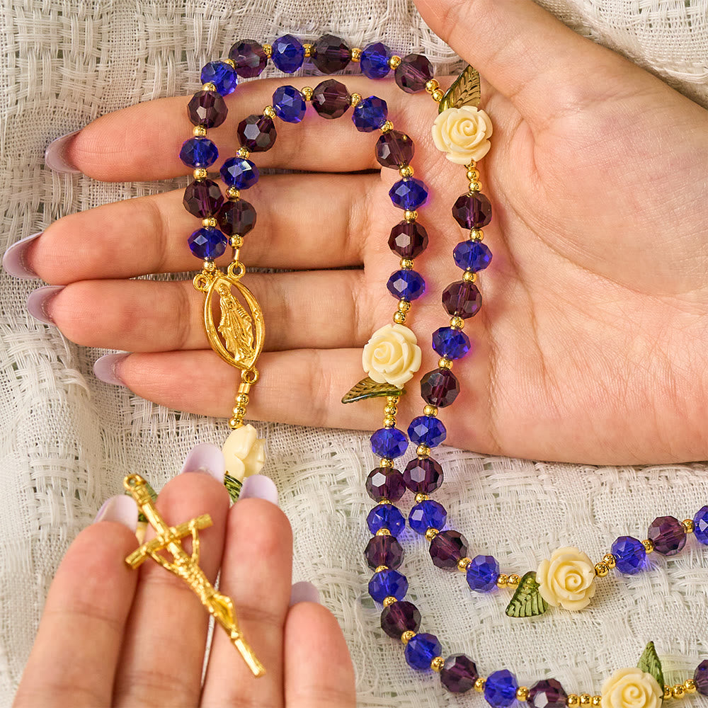 SolaceBeads Crystal Rosary, Blue Purple Beads, Cream Rose, Miraculous Medal: Sparkling Radiant Prayer  - image 1
