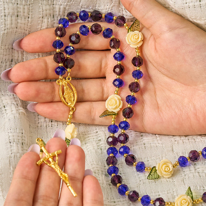 SolaceBeads Crystal Rosary, Blue Purple Beads, Cream Rose, Miraculous Medal: Sparkling Radiant Prayer  - image 1