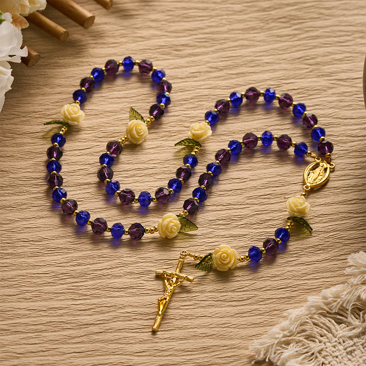 SolaceBeads Crystal Rosary, Blue Purple Beads, Cream Rose, Miraculous Medal: Sparkling Radiant Prayer  - Blue &amp; Purple - image 0