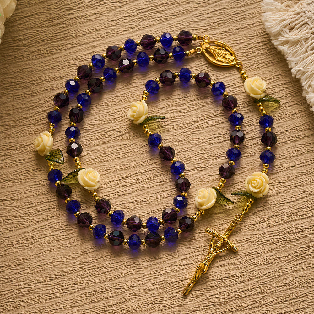 SolaceBeads Crystal Rosary, Blue Purple Beads, Cream Rose, Miraculous Medal: Sparkling Radiant Prayer  - image 8