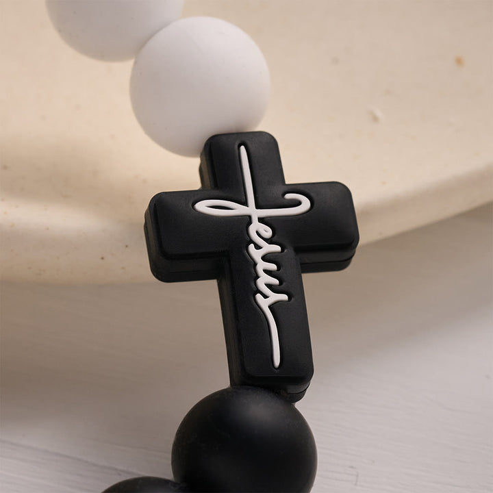 Solacebeads Black White Silicone Jesus Cross Wrist Keychain: Blessed By The Steady Grace Of Jesus - image 3
