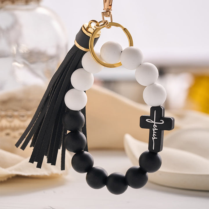 Solacebeads Black White Silicone Jesus Cross Wrist Keychain: Blessed By The Steady Grace Of Jesus - image 1