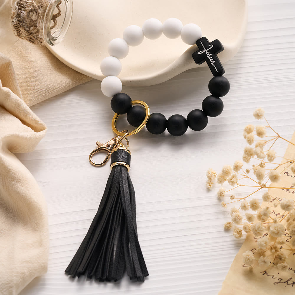 Solacebeads Black White Silicone Jesus Cross Wrist Keychain: Blessed By The Steady Grace Of Jesus - Black &amp; White - image 0