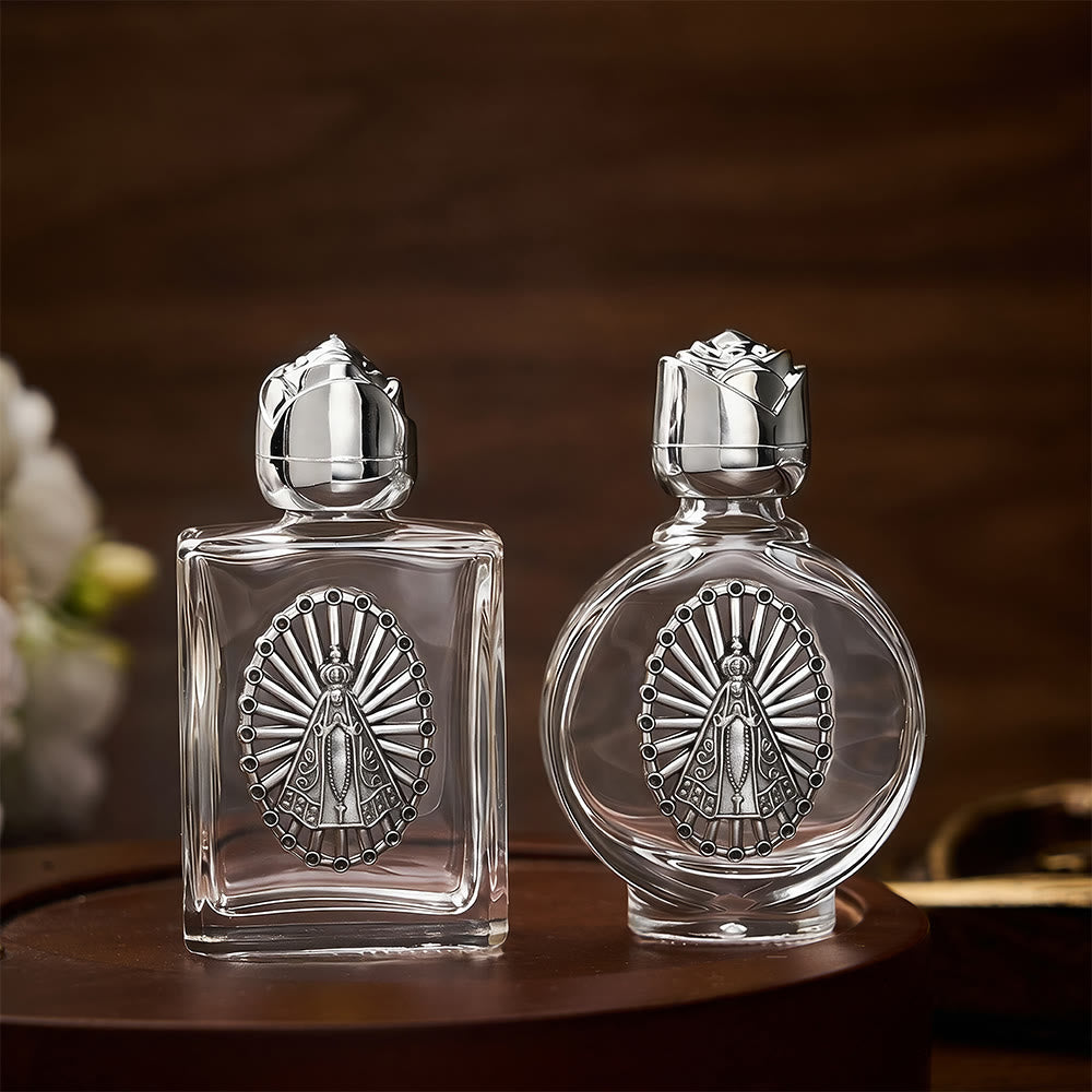 SolaceBeads Our Lady Holy Bottle, Square &amp; Round Glass Vials, Marian Emblem: Blessed Devotion Vessel - image 1