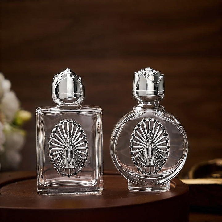 SolaceBeads Our Lady Holy Bottle, Square &amp; Round Glass Vials, Marian Emblem: Blessed Devotion Vessel - image 1