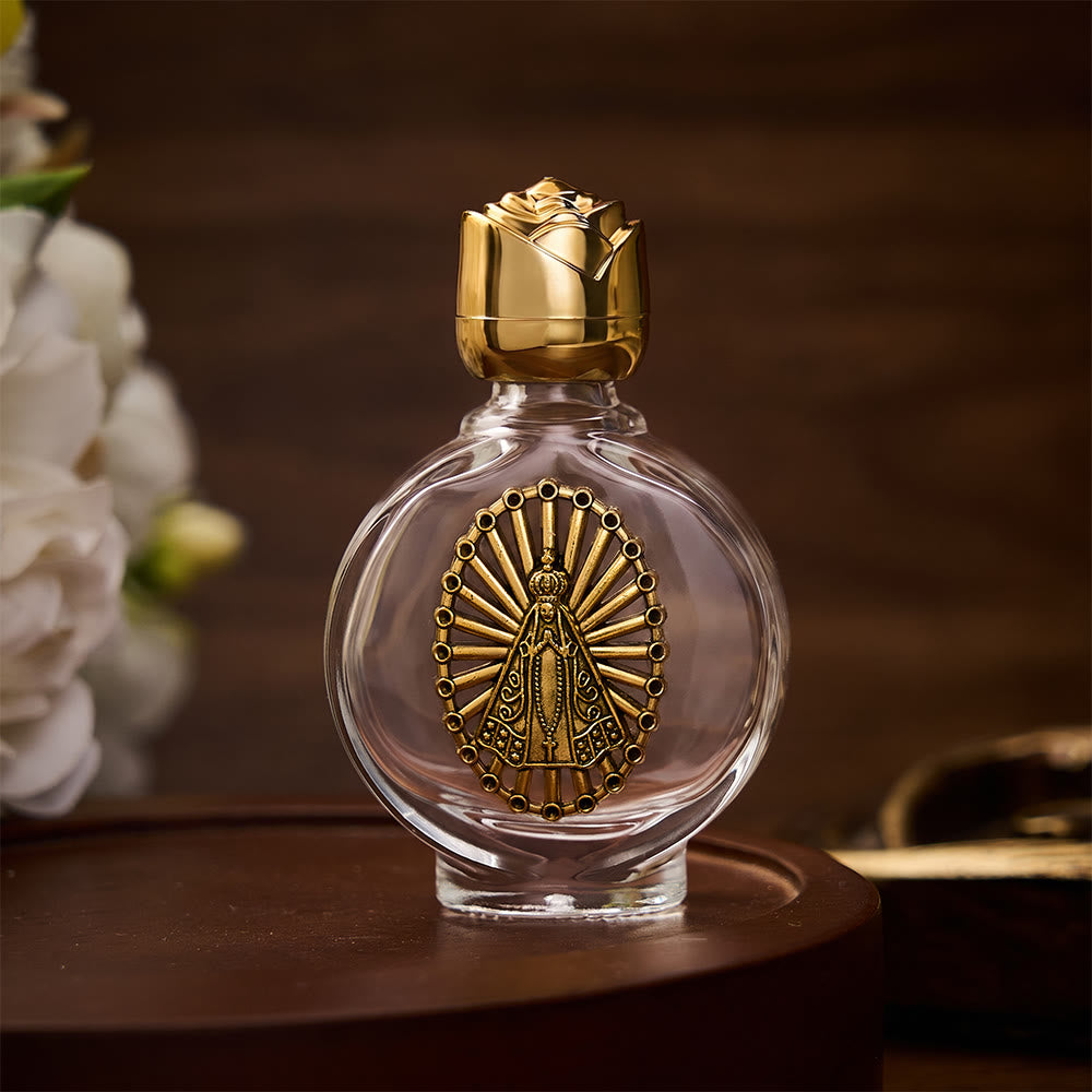 SolaceBeads Our Lady Holy Bottle, Square &amp; Round Glass Vials, Marian Emblem: Blessed Devotion Vessel - Round Gold - image 6