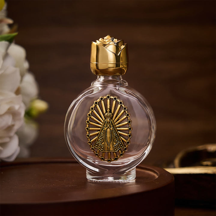 SolaceBeads Our Lady Holy Bottle, Square &amp; Round Glass Vials, Marian Emblem: Blessed Devotion Vessel - Round Gold - image 6