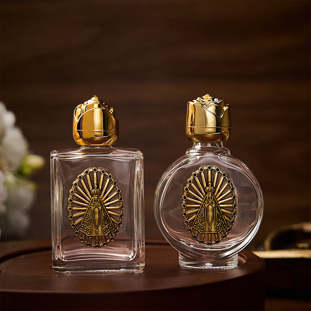 SolaceBeads Our Lady Holy Bottle, Square & Round Glass Vials, Marian Emblem: Blessed Devotion Vessel - image 0