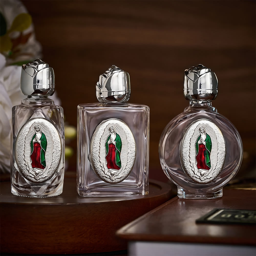 SolaceBeads Holy Water Bottle, Guadalupe Medal, Multi Shapes &amp; Dual Tone: Sacred Prayer Vessel - Silver three-piece set - image 1
